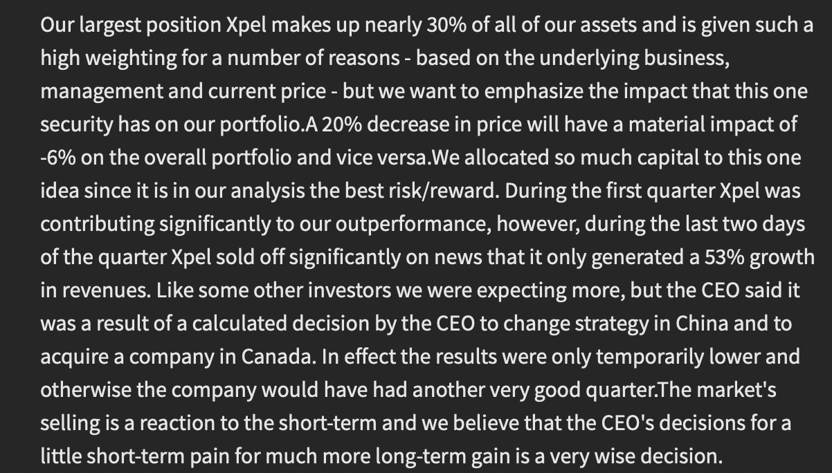 Snippet from investor letter